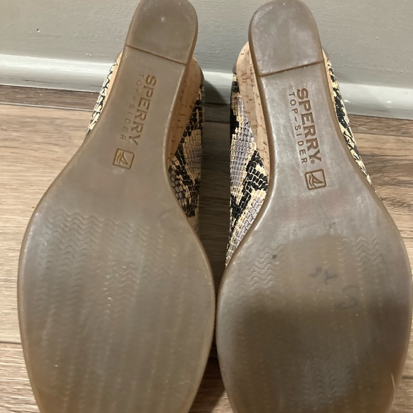 Sperry Top Sider 8 Snake Print Wedge Leather Peep Toe Heel - Picture 5 of 6